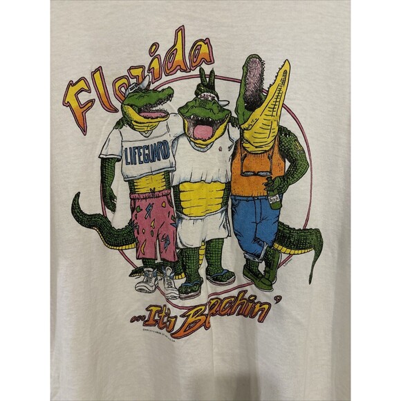 Vintage 80s Jerzees Single Stitch T Shirt Florida It's Beachin' Alligators XL - Picture 2 of 6